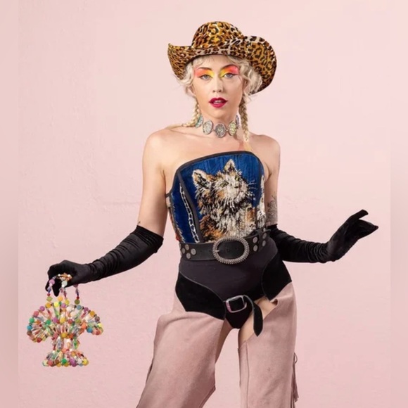 PSYCHIC OUTLAW corset! Lace up recycled clothing tapestry - Picture 7 of 8